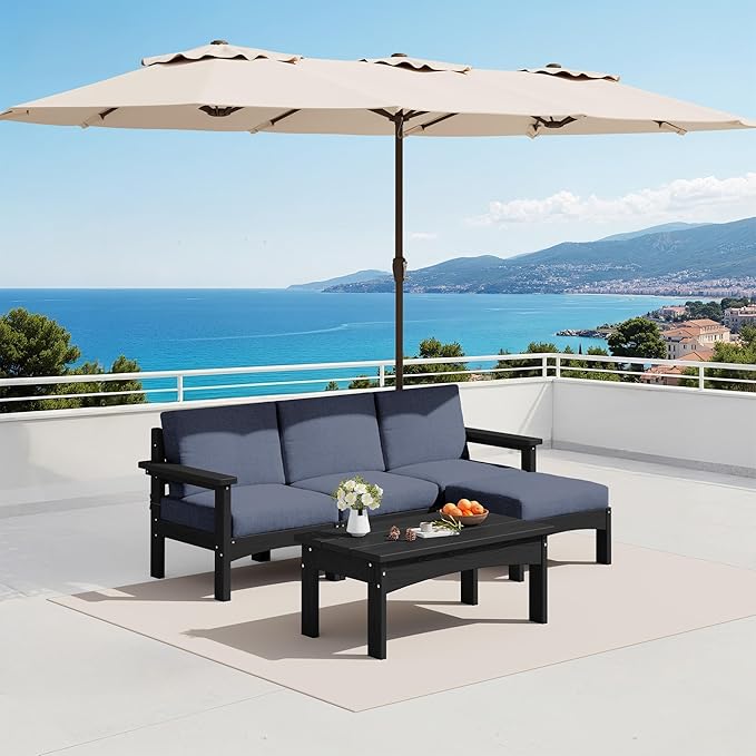 SERWALL 5-Piece Patio Sofas with 15FT Double Side Patio Umbrella, All-Weather HDPE Outdoor Sectional Sofa, Large Modular Patio Conversation Set for Garden, Deck, Porch, Black Frame with Grey Cushion