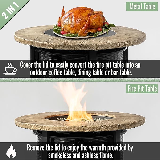 30" Round Propane Fire Pit Table, 50,000 BTU Outdoor Steel Patio Heater with Wood Grain Finish for Deck Garden & Backyard Use, Steel Lid & Lava Rock Included