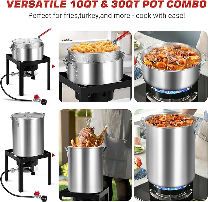 30QT Turkey Fryer & 10QT Fish Fryer Kit with Baskets, 50,000 BTU Propane Burner Stove for Party, Courtyard & Outdoor