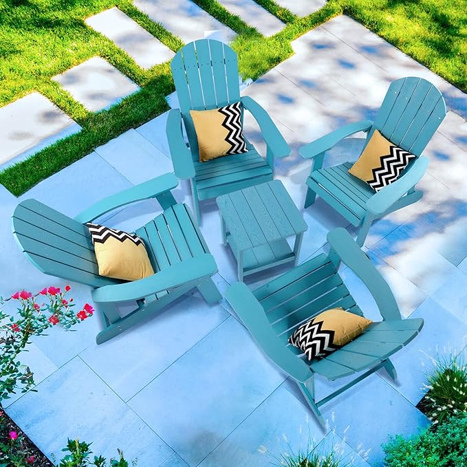 Adirondack Chairs Set of 4, All Weather Resistant Plastic Chairs with Cup Holder, 5 Easy Steps to Install, Outdoor Chairs for Patio, Garden, Backyard Deck, Lawn, Fire Pit - Lake Blue