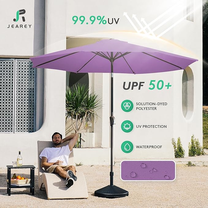 JEAREY 9FT Outdoor Patio Umbrella Outdoor Table Umbrella with Push Button Tilt and Crank, Market Umbrella 8 Sturdy Ribs UV Protection Waterproof for Garden, Deck, Backyard, Pool (Taro Purple)