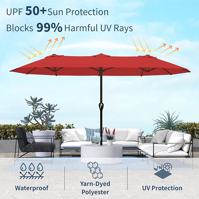 15FT Double Sided Patio Umbrella with Base Included Large Outdoor Market Umbrella with Crank Handle, UV Resistant Canopy, Sturdy Frame for Garden, Poolside, Deck, Red