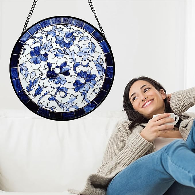 AMDERVEN Stained Glass Window Hanging, Blue and White Abstract Flowers Sun Catcher for Door Home Decor Suncatcher Christmas Mother's Day Birthday Gifts for Women Men Mom and Nana 15 in