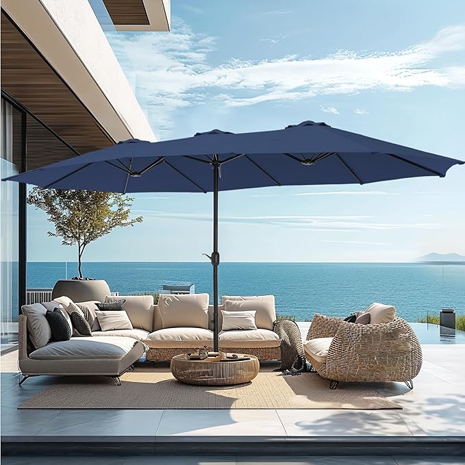 PHI VILLA 15ft Large Patio Umbrellas with Base Included, Outdoor Double-Sided Rectangle Market Umbrella with Crank Handle, for Pool Lawn Garden, Blue