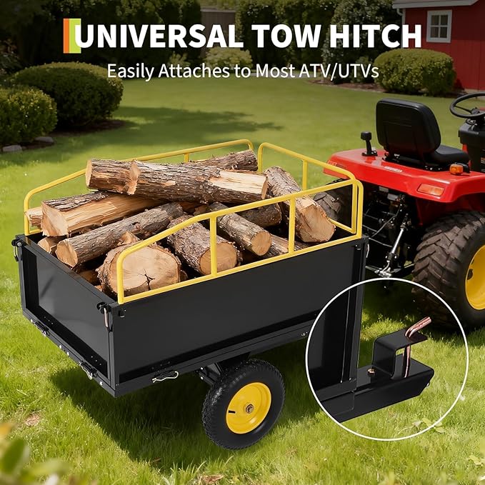 Heavy Duty ATV Trailer Tow Behind Dump Cart, 17 Cu.Ft. 750lbs Capacity, Pull Behind Steel Yard Wagon Dump Trailer for Tractor Lawn Mower Garden