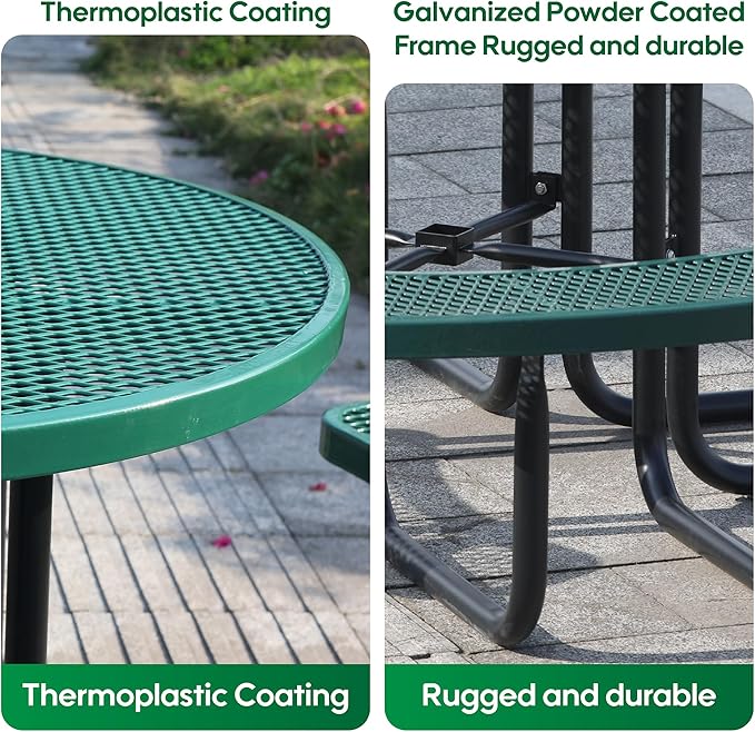 8-Person Outdoor Picnic Tables,46" Heavy-Duty Metal Round Picnic Table,Expanded Metal Commercial-Grade Table with 4 Benches & Umbrella Hole,Waterproof Coating Beach Table for Patio,Garden, Backyard