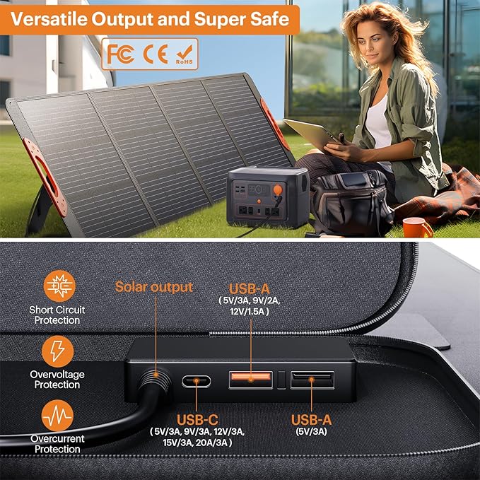 200 Watt Portable Solar Panel for Power Station,Camping Essentials, 20V Foldable Solar Charger with Solar Cable,23.5% High Efficiency IP67 Waterproof 4 Kickstands for RV Camping Gifts