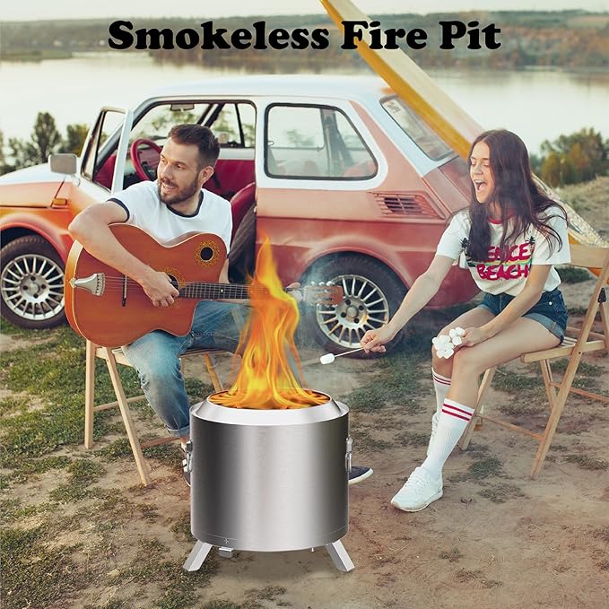 18″ Stove Smokeless Fire Pit with Stand 17.7"*18.1", Outdoor Firepit Wood Burning Design Removable Ash Pan | Stainless Steel Patio Bonfire | Wood & Pellet Fueled – Compact Camping&Patio Heater(Silver)