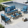 MFSTUDIO 5 Pieces Patio Conversation Sets, 7 Seats Metal Patio Furniture Sets with 1 x 3-Seat Sofa, 2 x Sofa Chairs, 2 x Ottoman, All Weather Patio Sets with 5.75inch Peacock Blue Cushion for Garden