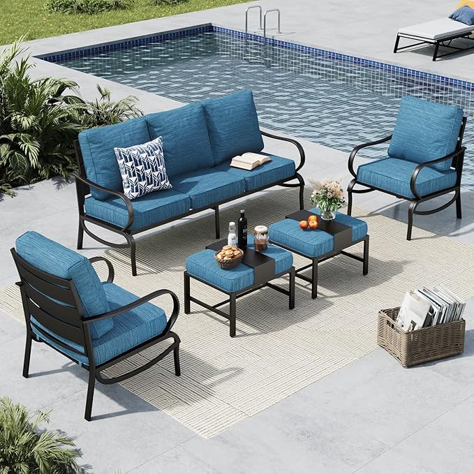 MFSTUDIO 5 Pieces Patio Conversation Sets, 7 Seats Metal Patio Furniture Sets with 1 x 3-Seat Sofa, 2 x Sofa Chairs, 2 x Ottoman, All Weather Patio Sets with 5.75inch Peacock Blue Cushion for Garden