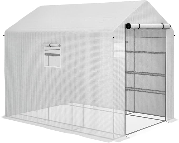 Outsunny 8' x 6' x 7' Walk-in Greenhouse, PE Cover, 4-Tier Shelves, Steel Frame Hot House, Roll-Up Zipper Door for Flowers, Vegetables, Saplings, Tropical Plants, White