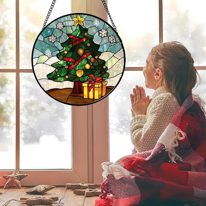 DASTOLL Stained Glass Window Hanging Green Christmas Tree Snowflake 9.8" - Suncatcher Door Garden Sun Catcher Xmas Holiday Decor Birthday for Mom Men Woman Friend Nana