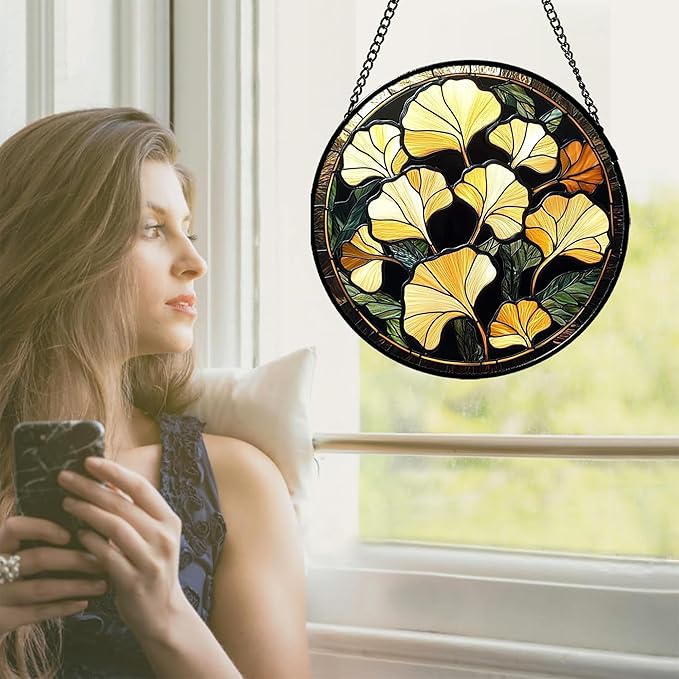CRISGIF Stained Glass Window Hanging - Ginkgo Leaf Suncatcher for Doors Garden Patio Retro Fall Decor Sun Catchers Christmas Mother's Day Birthday Gifts for Women Men Mom Nana Friend 6.3 in