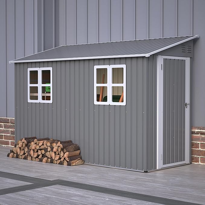 4X10 FT Outdoor Storage Shed W/ 2 Windows & Floor Frame,Lean to Shed W/Reversible Installation,Metal Garden Tool House W/Air Vents,Lockable Door & Sloped Roof,for Backyard Patio Lawn,Gray