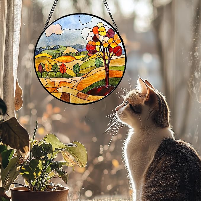 QZQCBLC Stained Glass Window Hanging Orange Mountains Trees Farm Landscape 6.3" - Suncatcher Door Garden Sun Catcher Home Decor Birthday Christmas for Mom Men Woman Friend