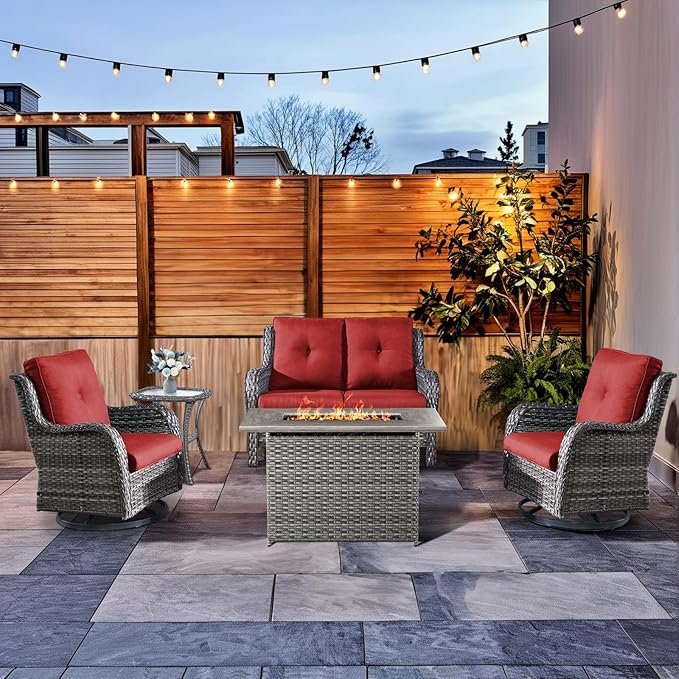 HUMMUH 5-Piece Patio Furniture Set with Fire Pit Table Wicker Outdoor Swivel Rocker Patio Chairs High Back Loveseat Conversation Set for Porch, Backyard, Deck