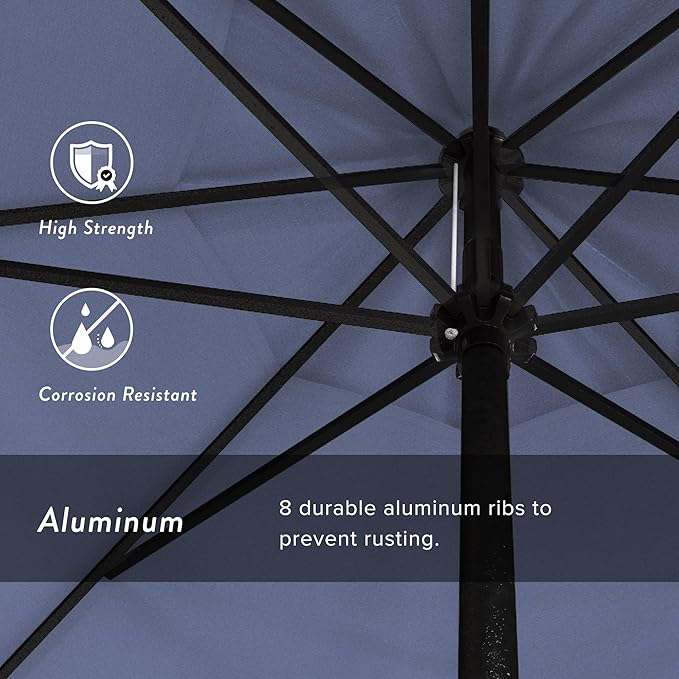 California Umbrella 9' Rd Aluminum Patio Umbrella, Crank Lift, Auto Tilt, Black Finish, Sunbrella Air Blue