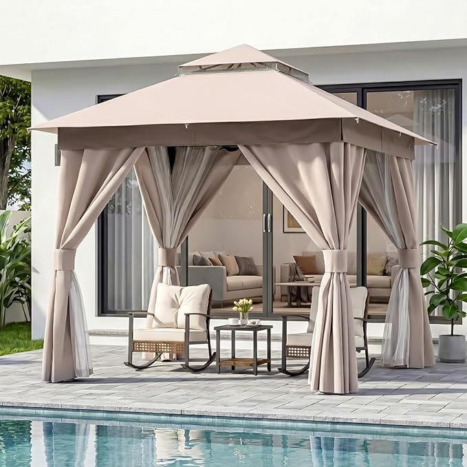 LAUSAINT HOME Gazebo 8x8ft, Heavy Duty Patio Gazebo with Expansion Bolts, Party Canopy Tent with Double Roofs, Mosquito Nettings and Privacy Screens for Backyard, Garden, Lawn, Khaki