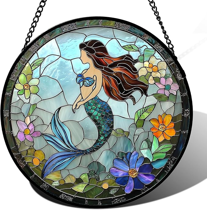 JOSUMALY Stained Glass Window Hanging - Light Blue Mermaid Suncatcher for Door Terrace Garden Home Decor, Ocean Flowers Sun Catcher Birthday Gifts for Lovers Women Men Dad Mom Nana 6.3 in