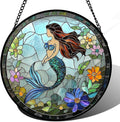 JOSUMALY Stained Glass Window Hanging - Light Blue Mermaid Suncatcher for Door Terrace Garden Home Decor, Ocean Flowers Sun Catcher Birthday Gifts for Lovers Women Men Dad Mom Nana 6.3 in