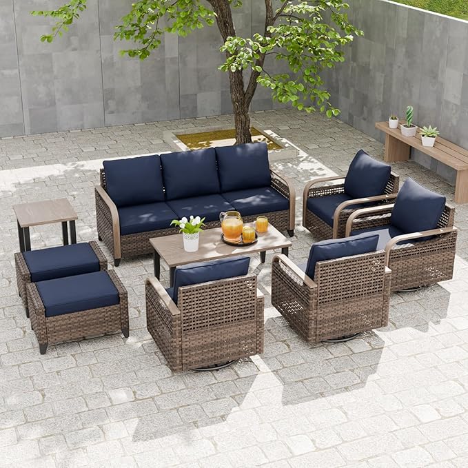 EAGLE PEAK Modern Wicker Outdoor Patio Furniture Set, Patio Conversation Set, 4 Swivel Rocker Chairs, 3-Seat Loveseat, 2 Ottomans, Coffee Table and Side Table, 9 Pieces, Brown/Blue