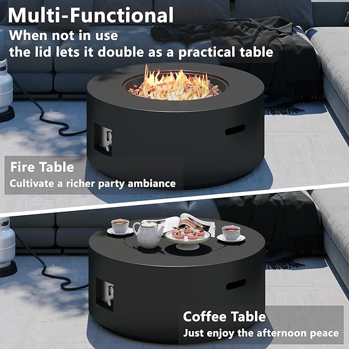 32 inch Round Propane Fire Table, 50,000 BTU Gas FirePit, Patio Fire Pit Table with Steel Lid, Rain Cover, 10ft Propane Hose, Lava Rocks, Black