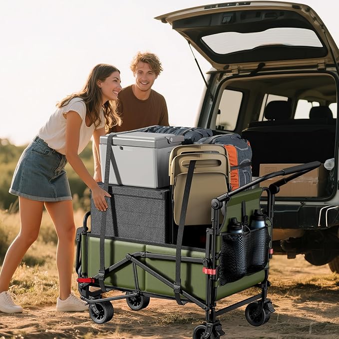 LEVELEVE Heavy Duty Folding Wagon - 2-in-1 Collapsible Cart, 400lb Capacity, All-Terrain Wheels w/Brakes & Side Pockets