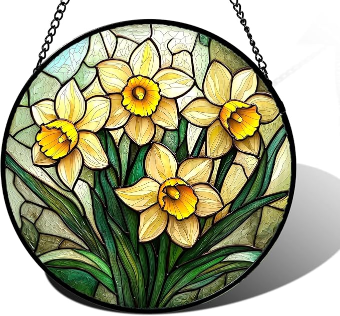 QZQCBLC Yellows Daffodils Green Plants Suncatcher 7.8" - HD UV Print Stained Glass Window Hanging Sun Catcher Door Garden Home Decor Birthday Mother's Day for Mom Men Woman Nana