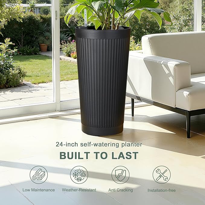 Self Watering Tall Planters for Outdoor Plants, 24” Set of 2 Large Flower Pots with Drainage Hole, Modern Plastic Black Planter for Indoor, Patio, Balcony (Ribbed)