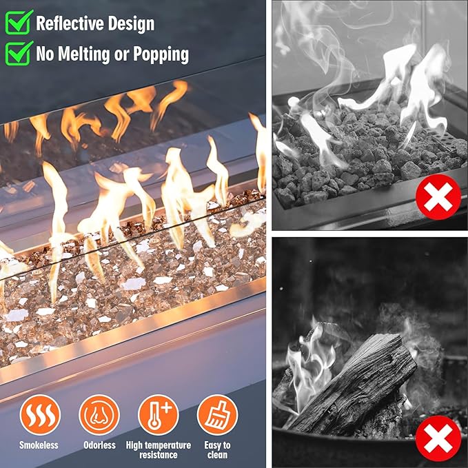 Mesida Fire Glass for Propane Fire Pit, 1/2 Inch Reflective Firepit Glass Rocks for Fireplace, Outdoor Fire Table & Landscaping, 10 lbs Tempered High Luster Glass,Copper