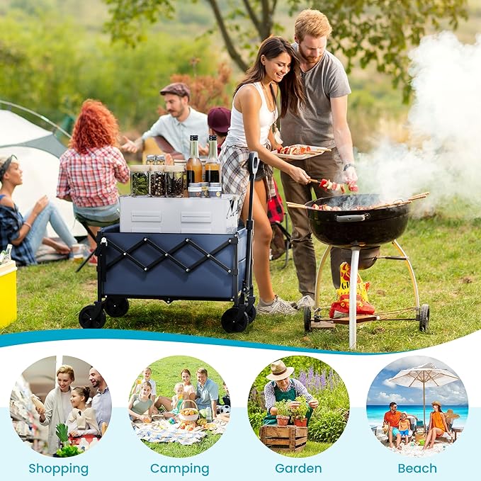 Collapsible Wagon with Extended Tailgate,Wagons Carts Folding with 350lbs Capacity, Lightweight Portable Utility Wagon Cart for Shopping Camping Sports Garden(Navy)