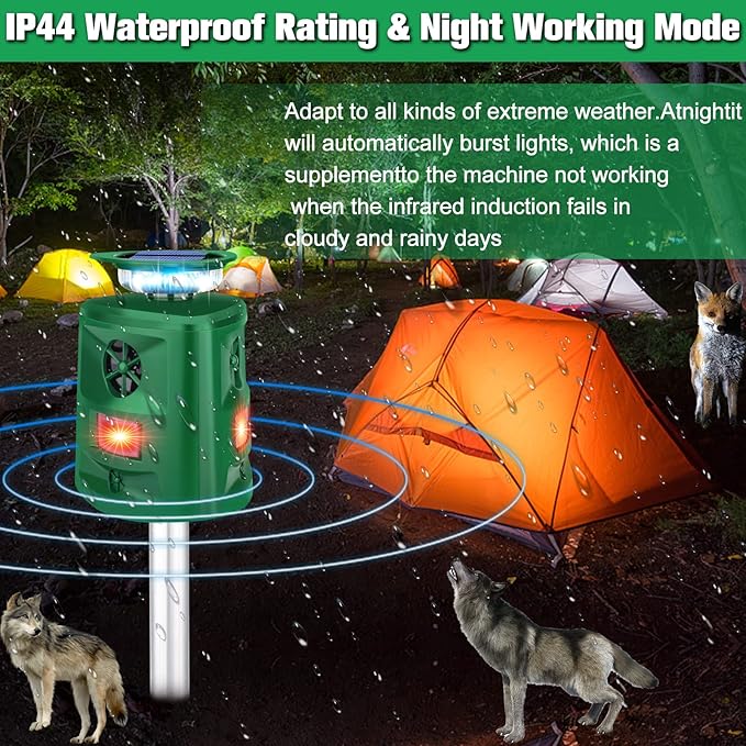Deer Repellent Device Ultrasonic Solar Animal Repeller,360 ° Squirrel Repeller Outdoor with Motion Sensor & Flashing Light,Racoon Repellent Outdoor Repel Fox Rabbit Squirrel Raccoon Skunk-Dark Green