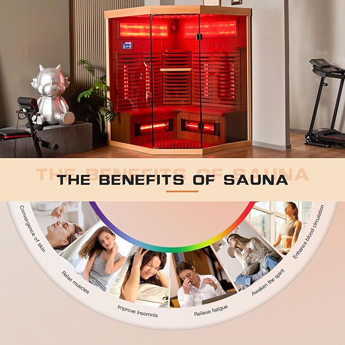 3-4 Person Infrared Home Sauna-Corner Sauna Spa Room w/Himalayan Salt Therapy & Starry Sky Spa,Canadian Hemlock, Tempered Glass (220V, ETL Certified)
