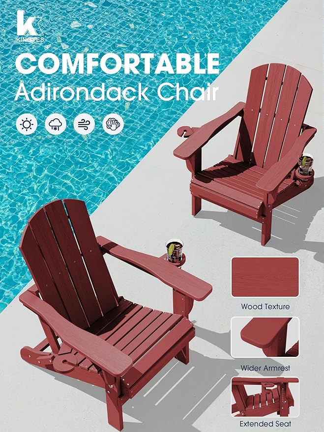 KINGYES Folding Adirondack Chair Set of 4, Dual Cup Holders & All-Weather HDPE, Wood-Like Patio Chair for Backyard, Camping, Pool & Fire Pit, Dark Red