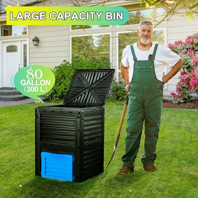 Azaeahom Garden Compost Bin 80 Gallon (300L) Large, Outdoor Composter from PP Material,Composting Box Easy Assembly & Many Vents, Fast Creation of Fertile Soil, Lightweight & Sturdy