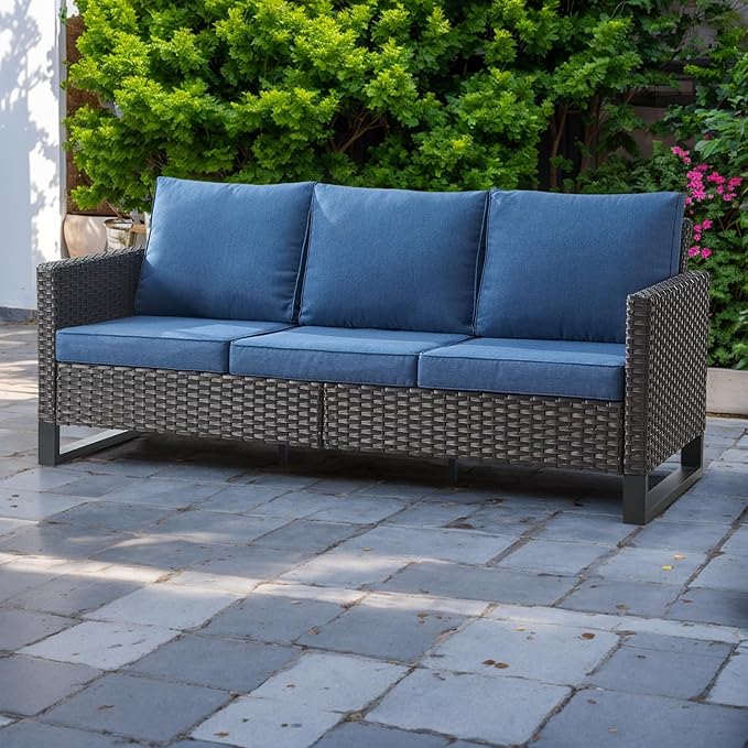 HUMMUH 8 Piece Patio Furniture Set Outdoor Sectional Sofa,High Back Patio Swivel Rocker Chairs with Ottomans Coffee Table for Porch,Garden,Backyard(Brown/Blue)