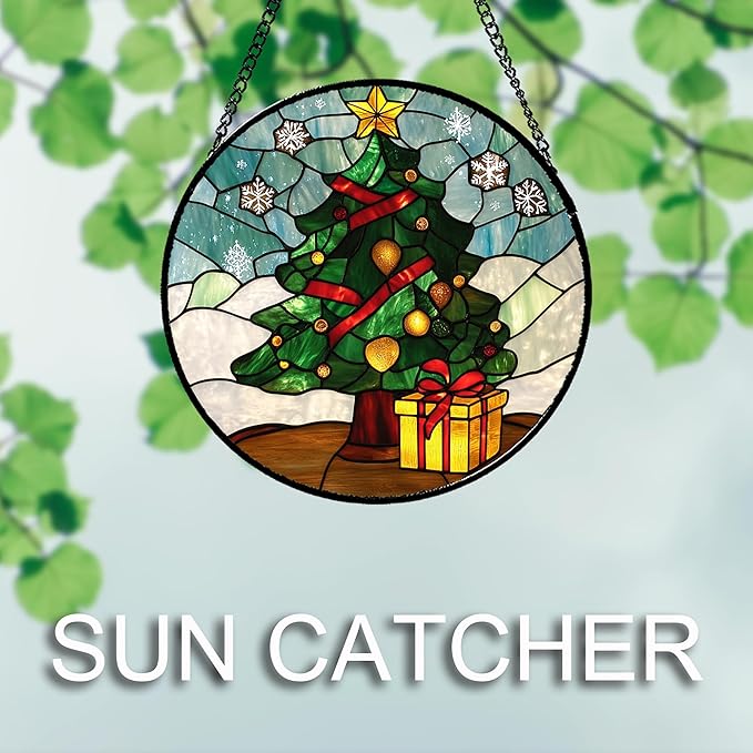 DASTOLL Stained Glass Window Hanging Green Christmas Tree Snowflake 7.8" - Suncatcher Door Garden Sun Catcher Xmas Holiday Decor Birthday for Mom Men Woman Friend Nana