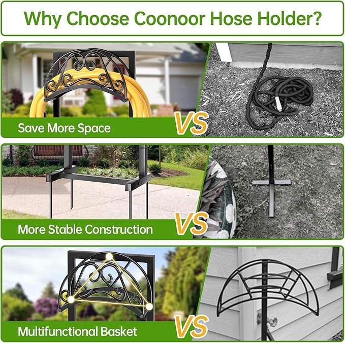 GREENER Garden Hose Holder GREENER Detachable Water Hose Holder Freestanding Heavy Duty Metal Hose Hanger Holds 150-feet Hose,Outdoor Hose Holder Storage For Outside Yard Lawn,Black