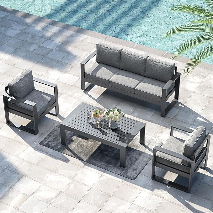 LayinSun 4 Pieces Aluminum Outdoor Patio Furniture Set, Metal Modern Conversation Sofa Set with Coffee Table and Washable Thick Cushions for Porch, Backyard, Deck