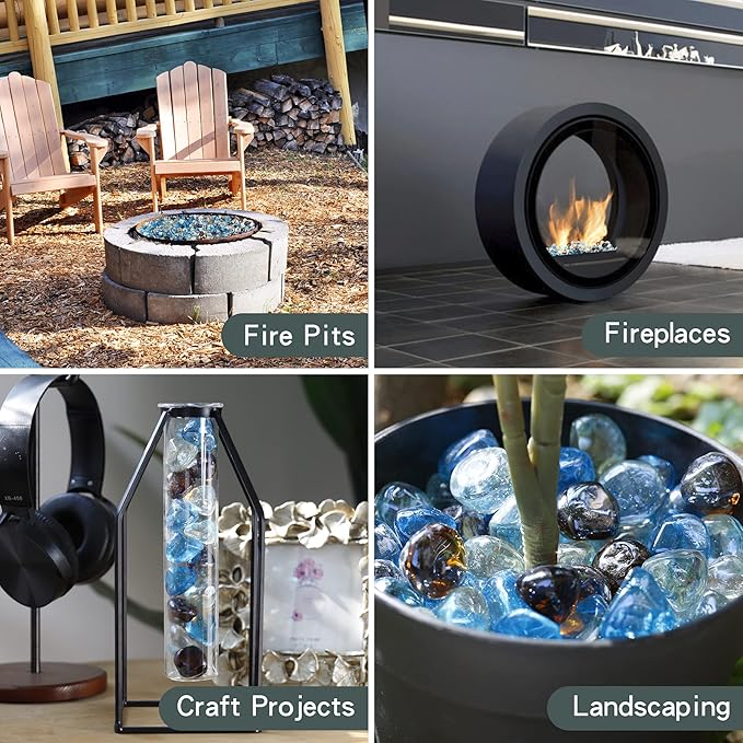 onlyfire 10-Pounds Fire Glass Diamonds for Propane Fire Pit, 1 Inch Blended Firepit Glass Rocks Stones for Gas Fireplace and Fire Pit Table, Caribbean Blue, Crystal Ice and Amber