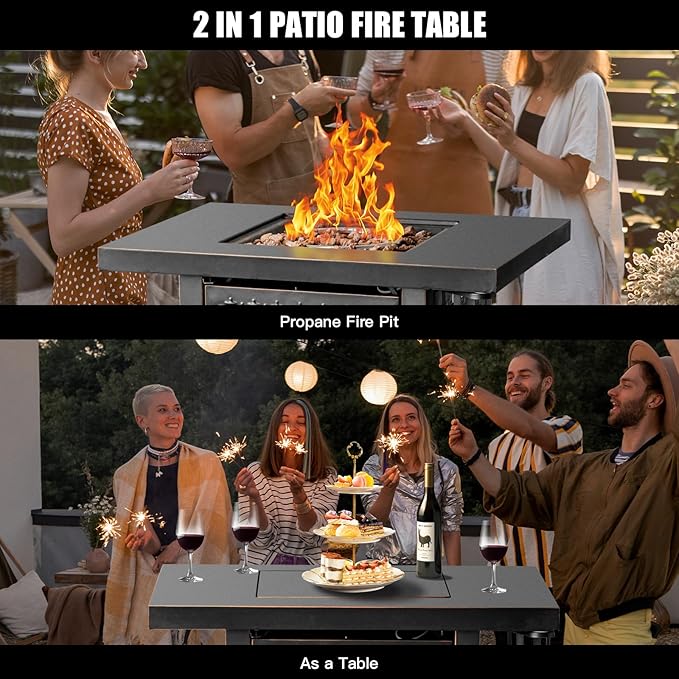 32 Inch Propane Fire Pit Table, Outdoor Gas Fire Pits with 2 Drink Holders, Lid & Lava Rock, 50000 BTU Firepit Table for Dinning, Party in Outside, Patio, Garden or Yard