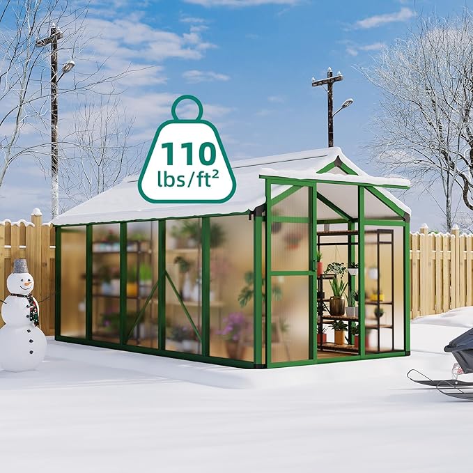 Garvee 6x10 ft Greenhouse - Aluminum Greenhouses for Outdoors, Large Polycarbonate Greenhouse with Roof Vent, Heavy Duty Walk-in Green Houses for Outside Garden, Backyard, Patio, Lawn, Easy Assembly
