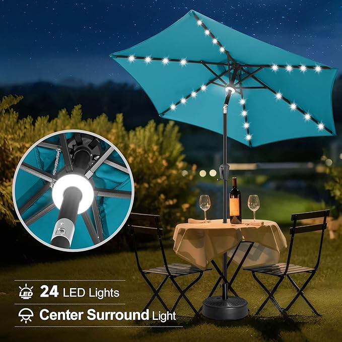 FLAME&SHADE 7.5 ft Solar Powered Outdoor Market Patio Table Umbrella with LED Lights and Tilt, Aqua Blue