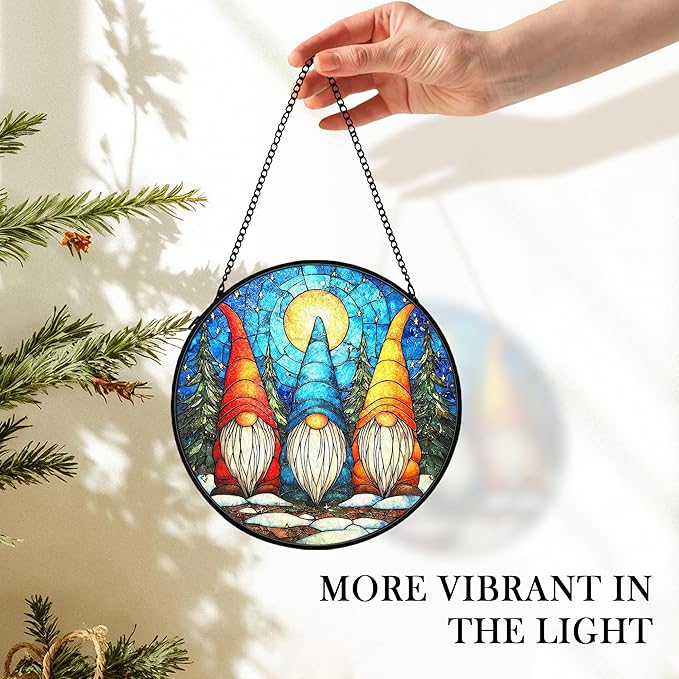 cvjutf Winter Gnome Suncatcher Stained Glass Window Hanging Decor, Xmas Gnomes Christmas Stained Glass Wall Decorations Gifts for Women, Holiday Garden Sun Catchers Indoor Window Wall Art, 7.9x7.9In