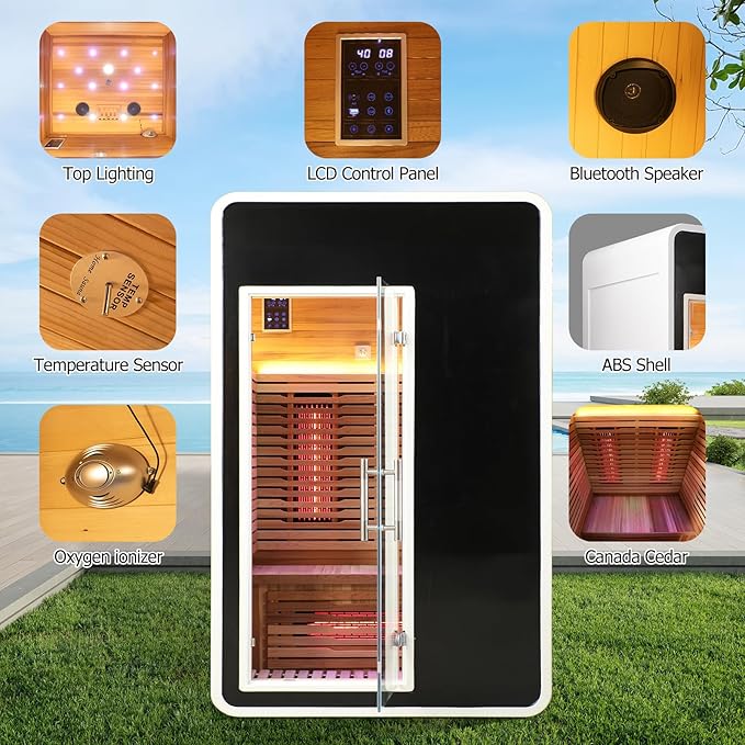 2 Person Infrared Sauna Room for Home,Canadian Hemlock Outdoor Wooden Dry Sauna with Rapid Heating Tubes& Carbon Plate,LCD Control Panel and Tempered Glass Door (2 Person-Hemlock)