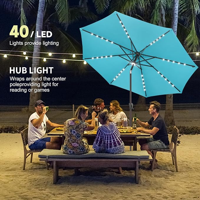 9ft Solar Umbrella Outdoor - Lighted Patio Umbrella with 40 LED Lights Waterprool Uv Protection, Table Umbrella with Tilt & Crank for Pool, Porch, Garden, Deck, Backyard(Sky Blue)
