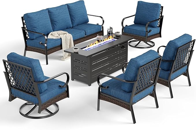 SUNSHINE VALLEY 6 Piece Black Metal Outdoor Patio Furniture Sets with Firepit Table, Patio Conversation Sets 1 3-Seater Sofa, 2 Leg Sofa and 2 Swivel Chair with 5.75" Cushion for Backyard Deck, Blue-2