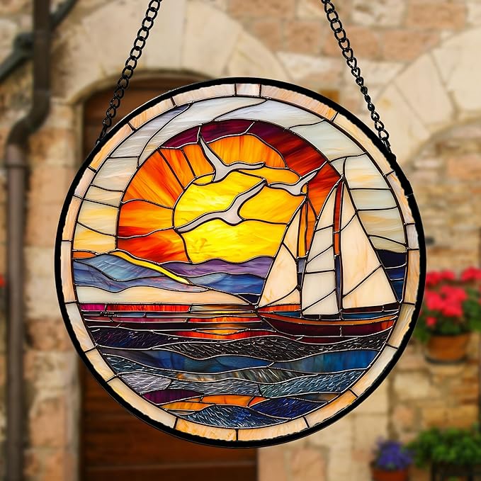 DASTOLL Stained Glass Window Hanging, Sun Ocean Sailboat Seagull Abstract Suncatcher Diamond Glass Panel Sun Catchers Decor for Birthday for Women, Men, Wife, Aunt, and Mom 9.8 in