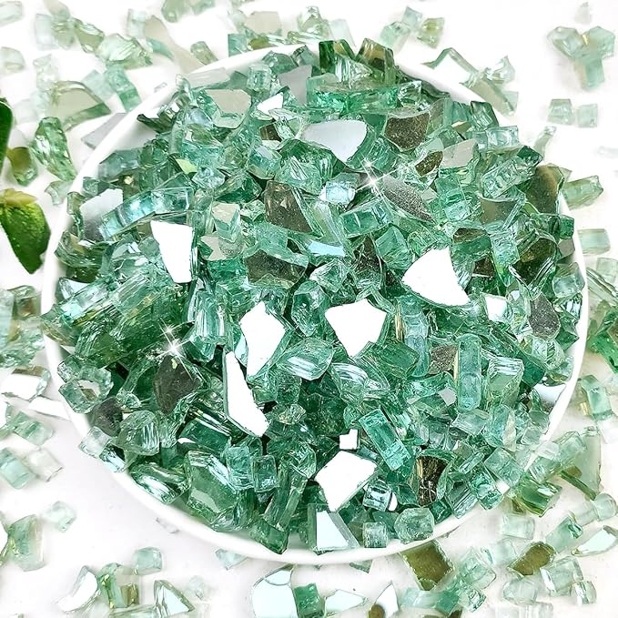 Fire Glass for Propane Fire Pit, 1/4 Inch High Reflective Fireplace Glass Rocks for Fire Pit Table, 10 lbs Fire Pit Glass Rocks for Outdoor Fire Table and Landscaping, Light Green