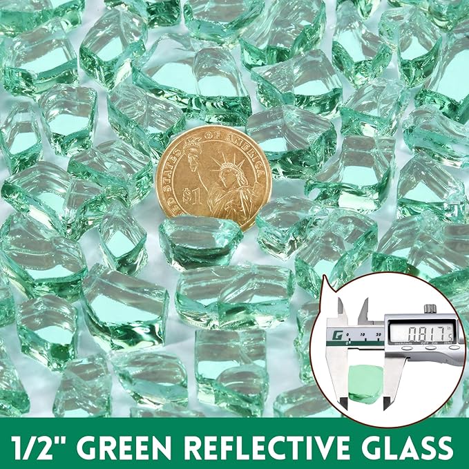 GasSaf 1/2 Inch Fire Glass Reflective Tempered Fireglass Cut Crushed FireGlass for Fire Pit, Fireplace, Replaces Existing Gas Logs & Lava Rocks (20 Pound)(Green Reflective)